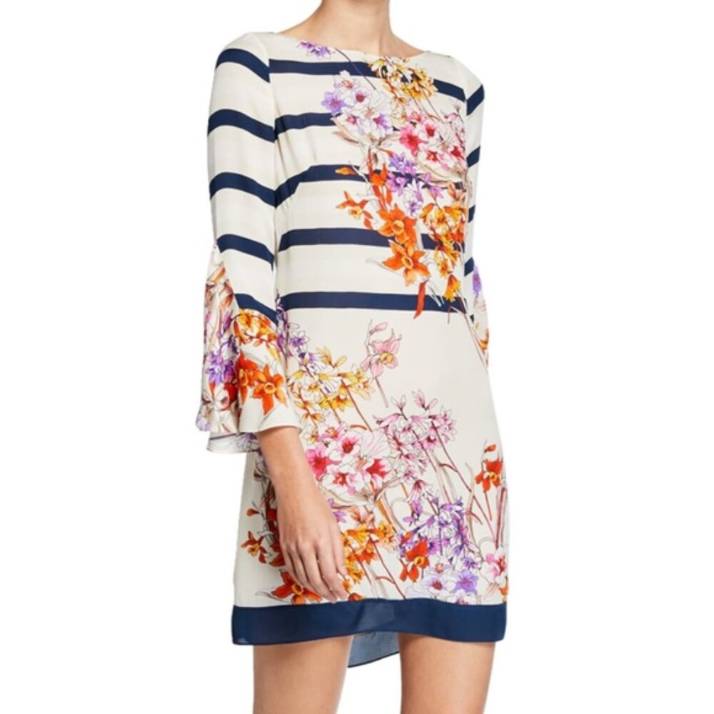 ✨NEW! Luxe Designer Elie Tahari Ula Riviera Boatneck Blue Stripes Floral Print M